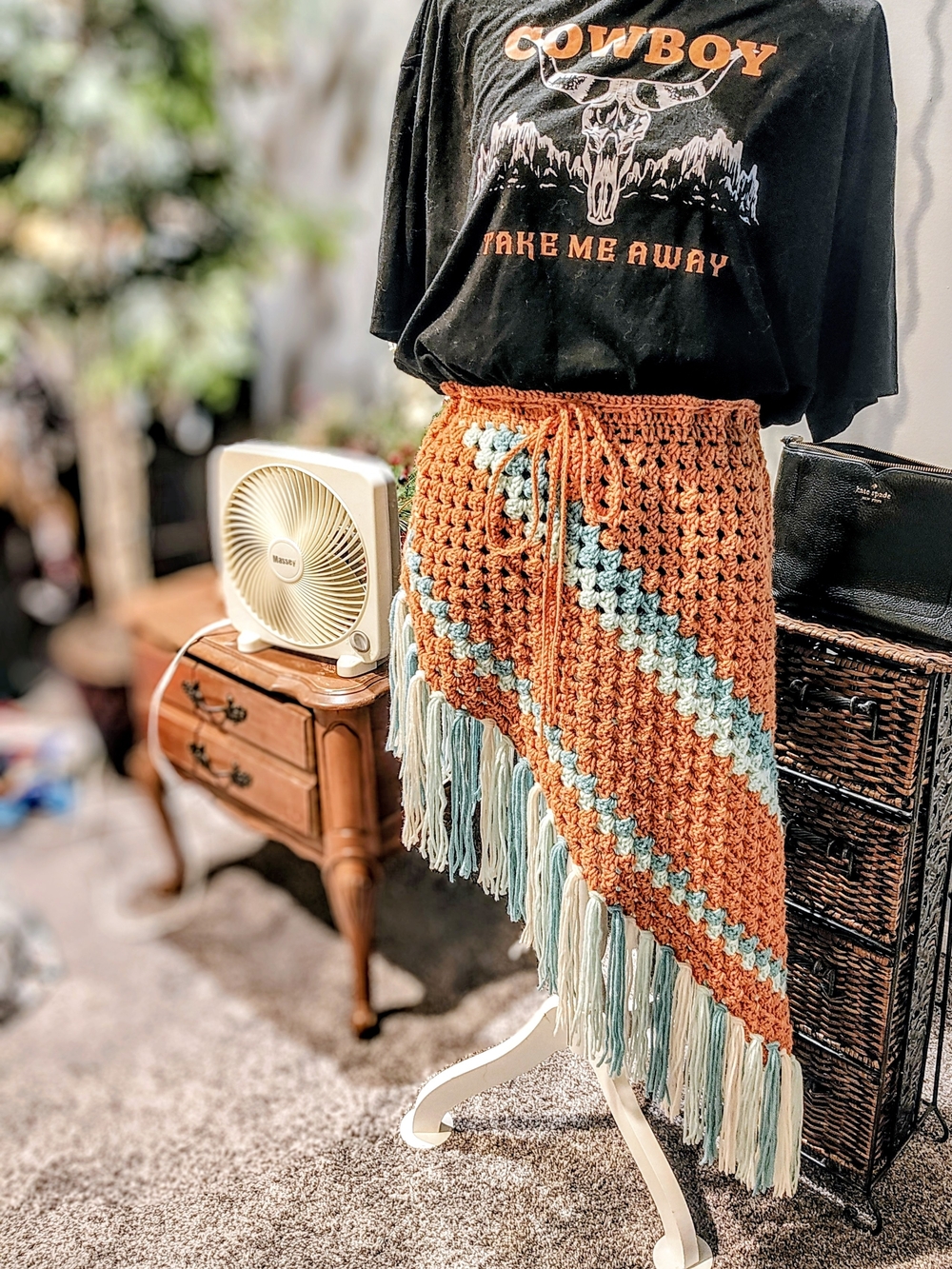 Boho Crochet Fringe Skirt in Orangish and Light Blue